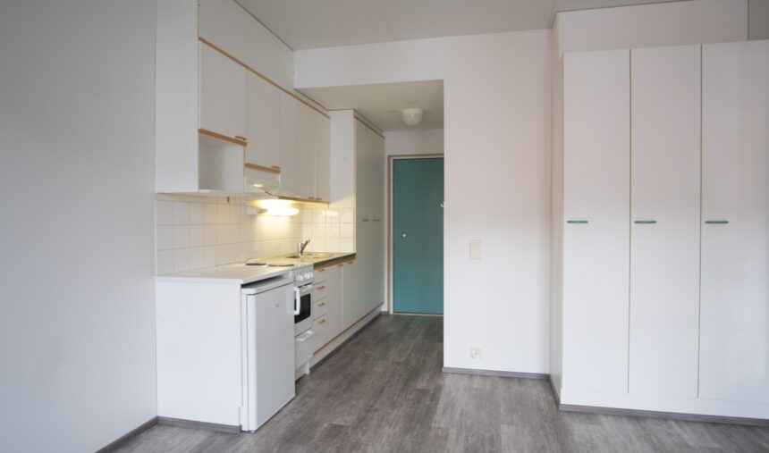 Picture of studio apartment and small kitchen.