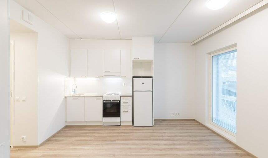 Single room kitchen in wide shot-