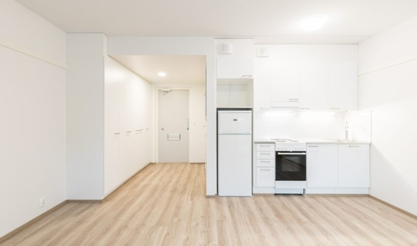 Apartment in wide shot which also shows the kitchen.