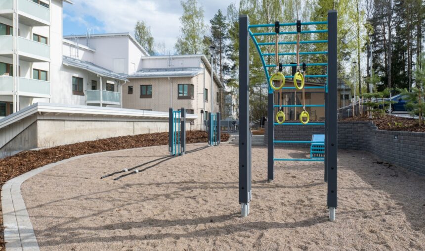 Koppari building from the outside with common gym equipment.