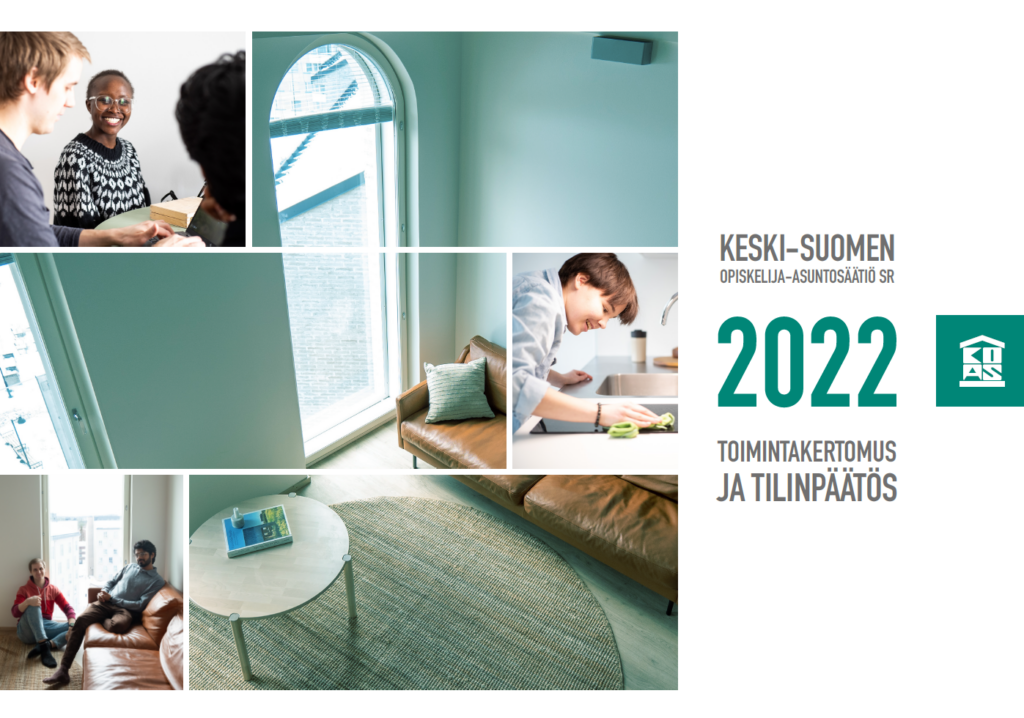 Koasin vuoden 2022 toimintakertomuksen kansikuva, jossa asukkaita sekä kalustettu asunto.
